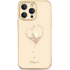 Луксозен твърд гръб оригинален KINGXBAR кристално прозрачен с камъни за Apple iPhone 14 Pro 6.1 сърце със златен кант 